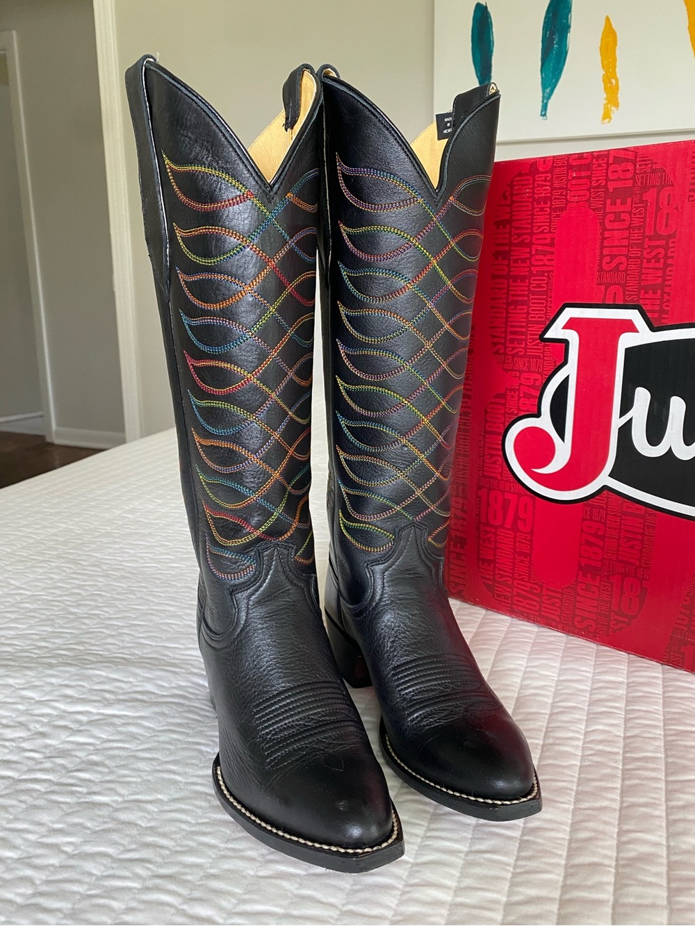 Justin Whitley Black Cowboy Western Boots with Rainbow Stitching